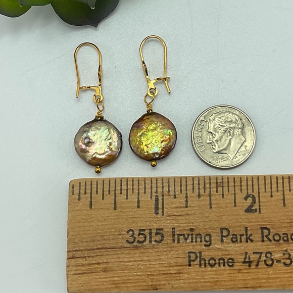 Copper Color Pearl Earrings, Handmad, Genuine Fresh Water Coin Pearl, Gold Plate - Picture 7 of 7
